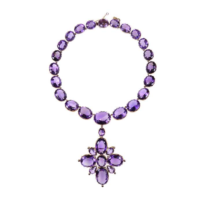 19th century amethyst and gold collet necklace with cross pendant-brooch